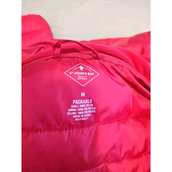 St John's Bay Puffer Jacket Women's M Red Packable Removable Hood Zip Nylon - Picture 11 of 12